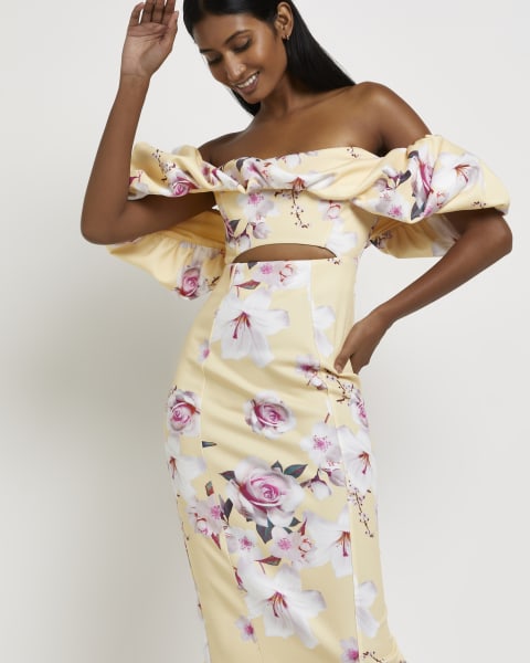 Yellow floral bardot bodycon midi dress