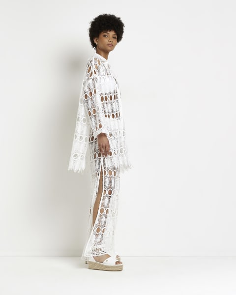 White lace split hem flared trousers