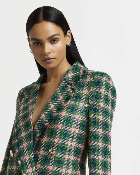 Green checked boucle double breasted blazer