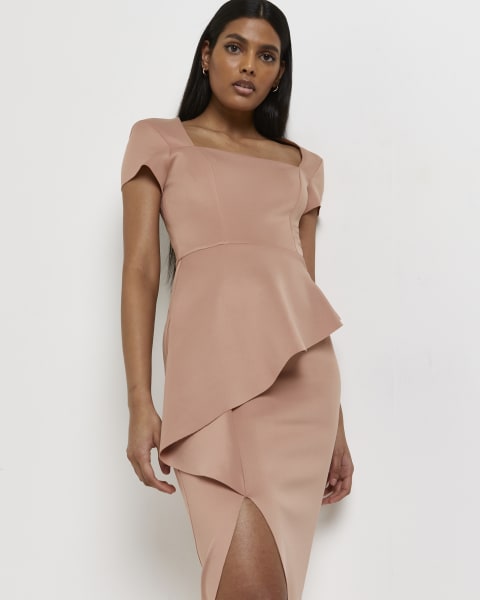 Beige peplum bodycon midi dess