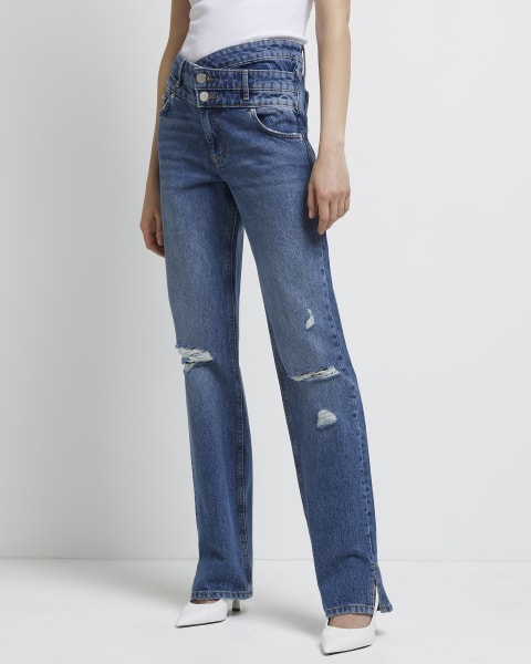 Blue ripped high waisted straight leg jeans