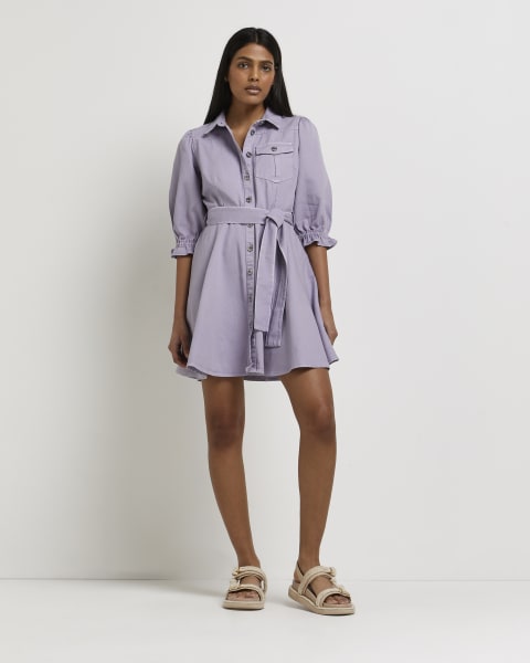Purple denim mini shirt dress