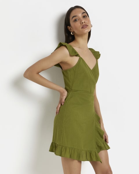 Khaki ribbed wrap mini dress