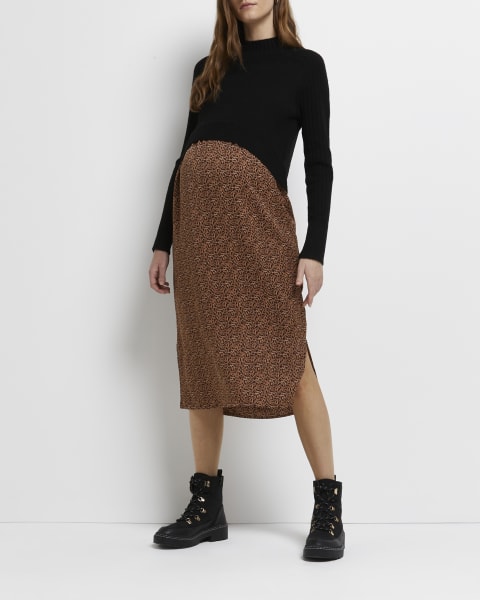 Black 2 in 1 leopard maternity midi dress