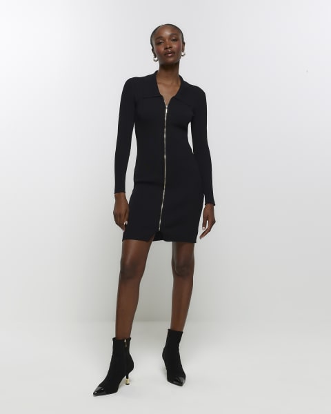 Black knitted zip bodycon mini dress
