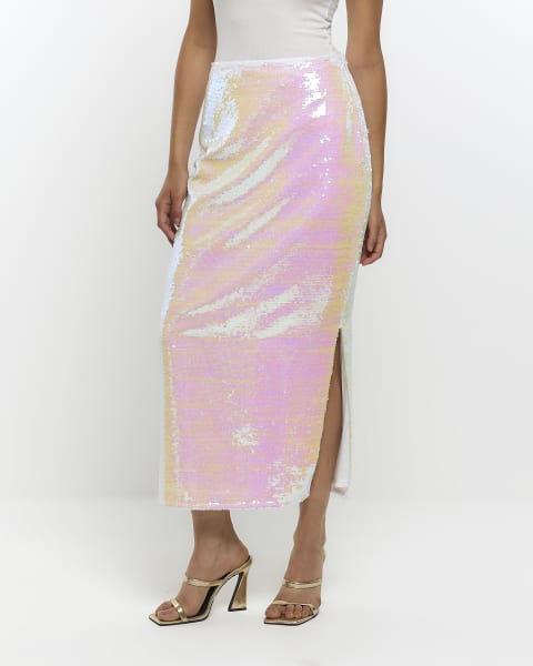 White sequin iridescent maxi skirt