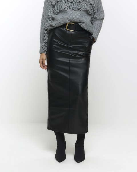 Black faux leather belted midi skirt