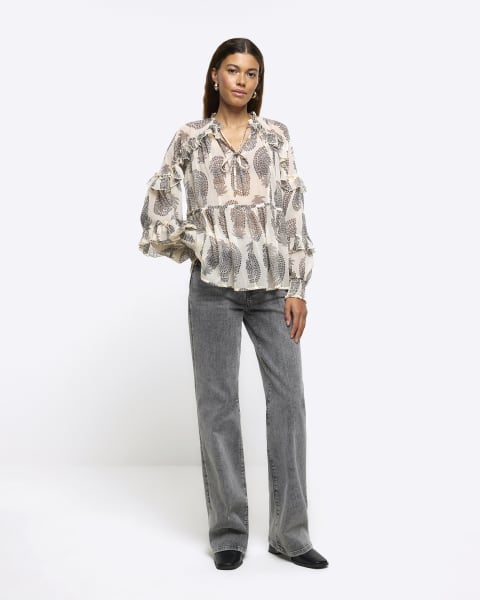 Beige abstract frill blouse