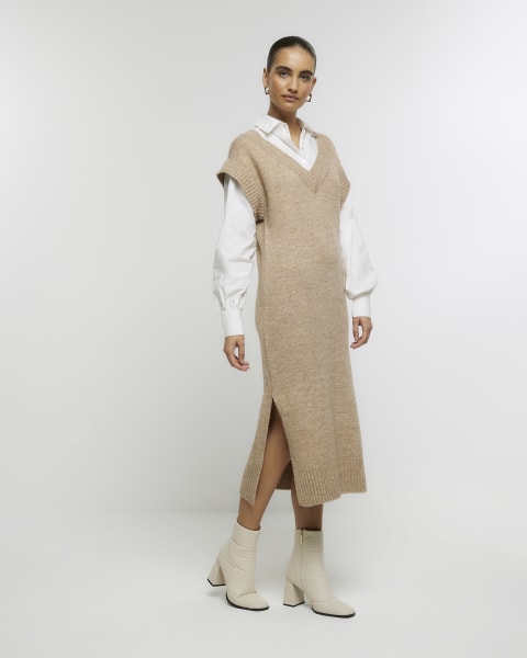 Beige knitted hybrid jumper midi dress