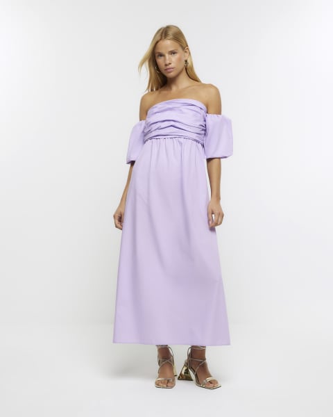 Purple ruched bardot midi dress