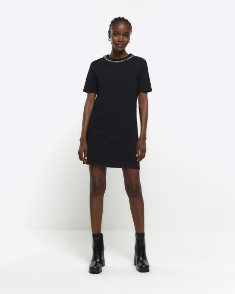 Black diamante trim t-shirt mini dress
