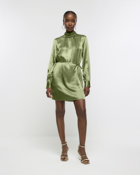 Khaki satin tie waist shift mini dress