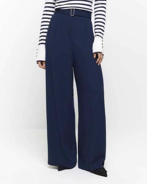 Navy belted wide leg trousers
