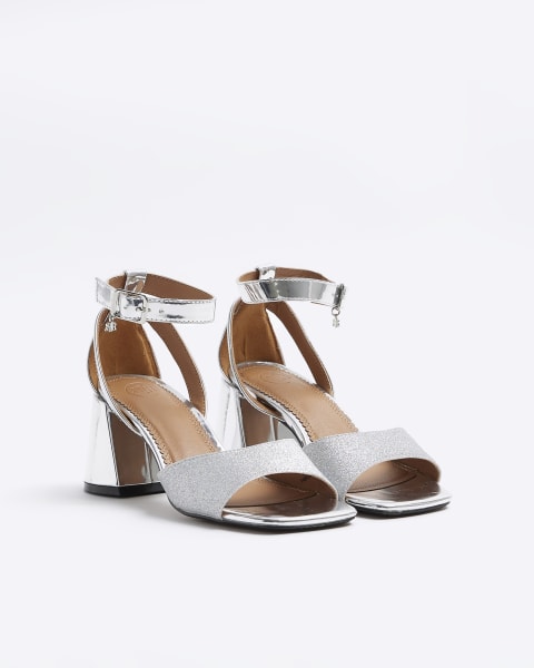 Silver open toe block heeled sandals
