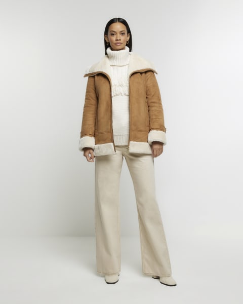 Brown faux fur aviator jacket