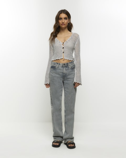 Silver crochet crop long sleeve top