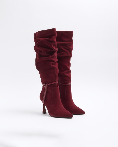 Red suede slouch heeled high leg boots