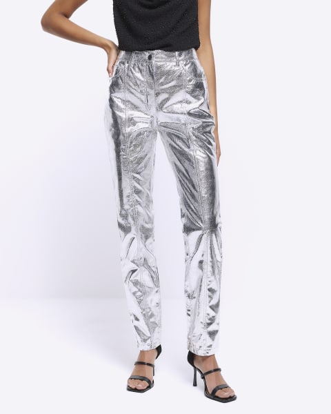 Silver metallic straight leg trousers