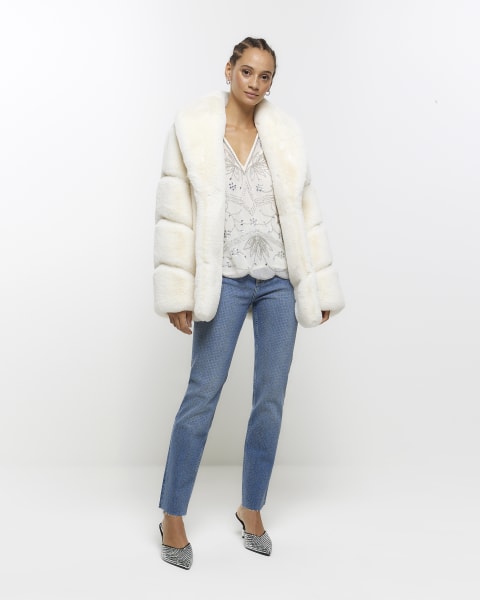 Cream panelled faux fur coat