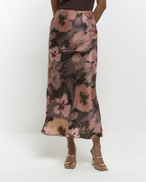 Black satin floral maxi skirt