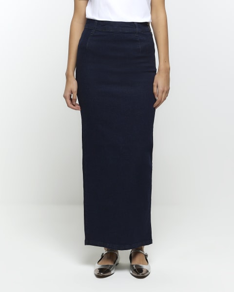 River Island Patchwork Denim Maxi Skirt in Blue