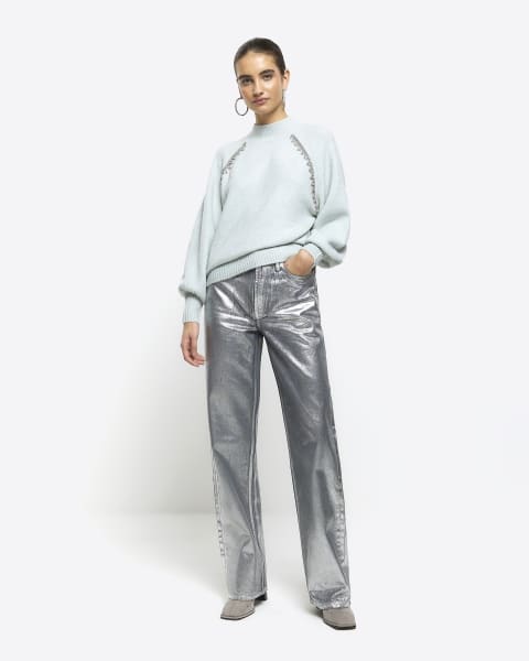 Blue diamante trim cosy jumper