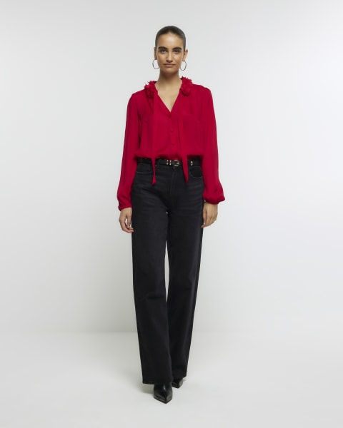 Red chiffon corsage blouse