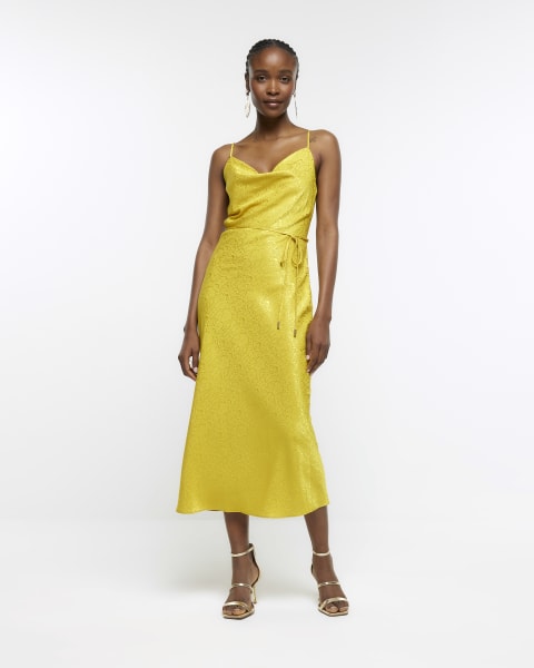 Yellow satin animal print slip midi dress