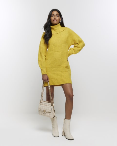 Yellow textured roll neck jumper mini dress