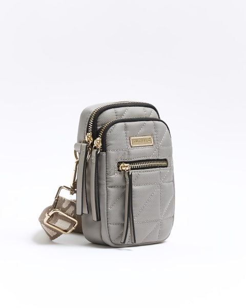 Grey quilted phone holder bag