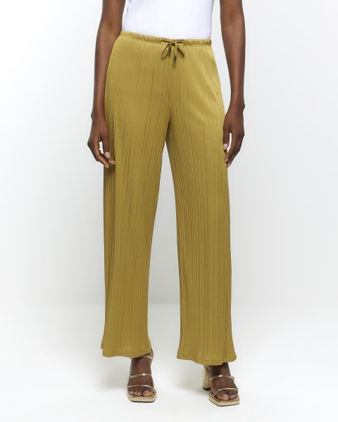 Green plisse wide leg trousers