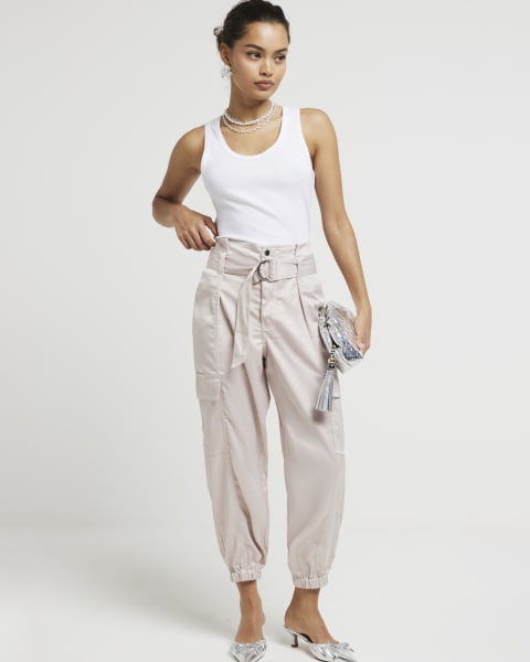 Petite pink satin paperbag cargo trousers