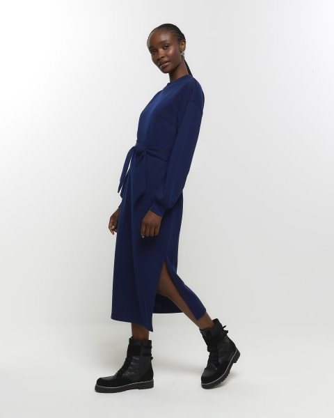 Navy tie jersey sweatshirt midi dress