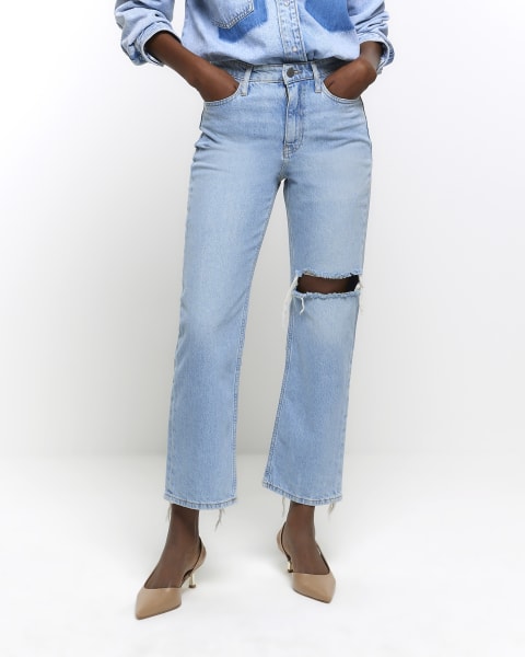 Blue straight high waisted cropped jeans
