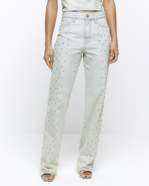 Blue embellished relaxed straight jeans