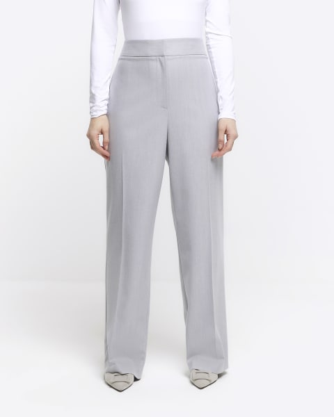 Petite grey pleated wide leg trousers