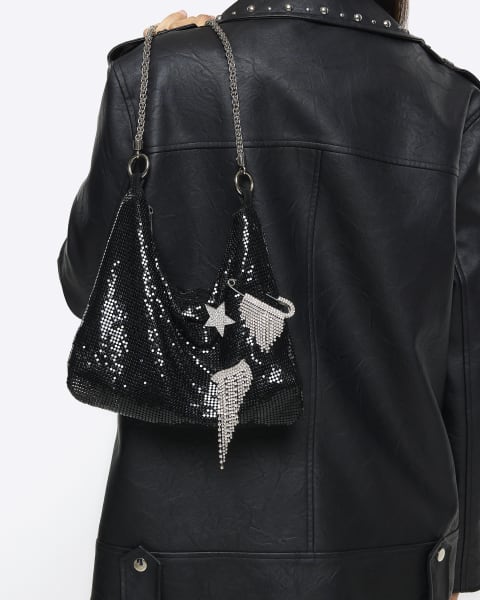 Black chainmail embellished shoulder bag