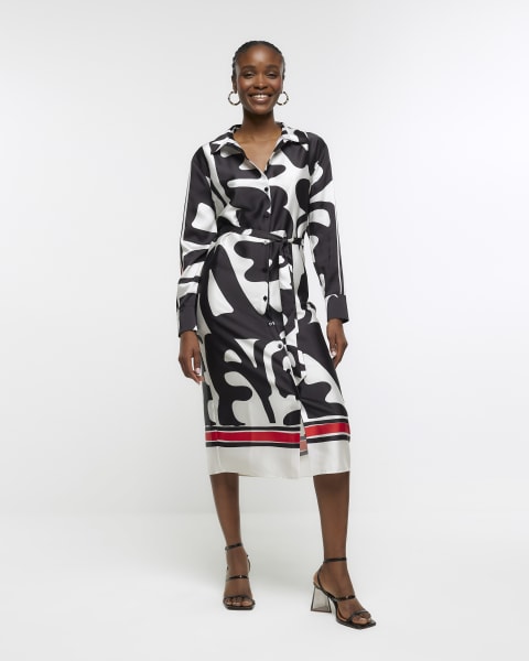 Black abstract belted midi shirt dress
