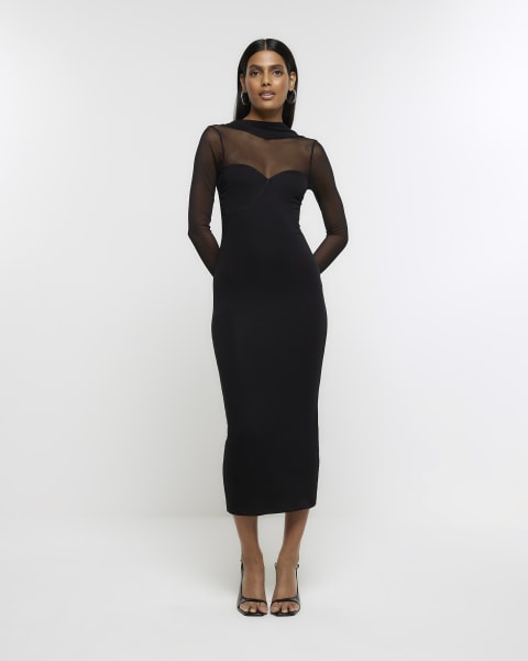 Black mesh panel bodycon midi dress