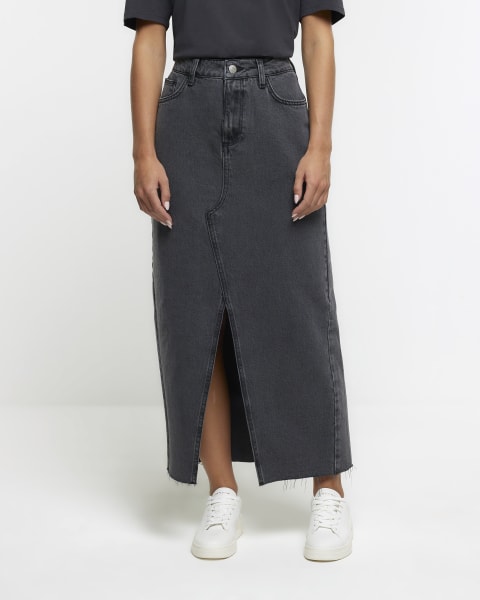 Petite grey denim maxi skirt