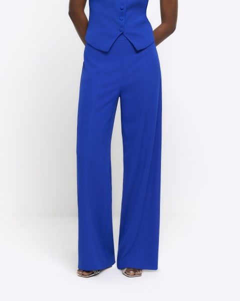 Blue pleated wide leg trousers