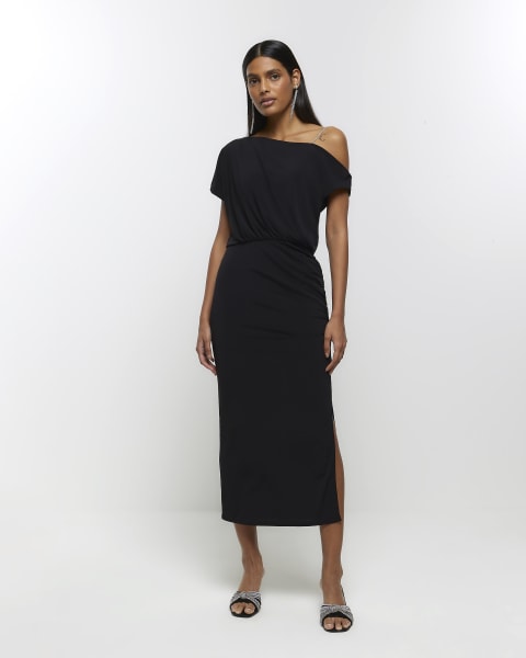 Black diamante strap bodycon midi dress