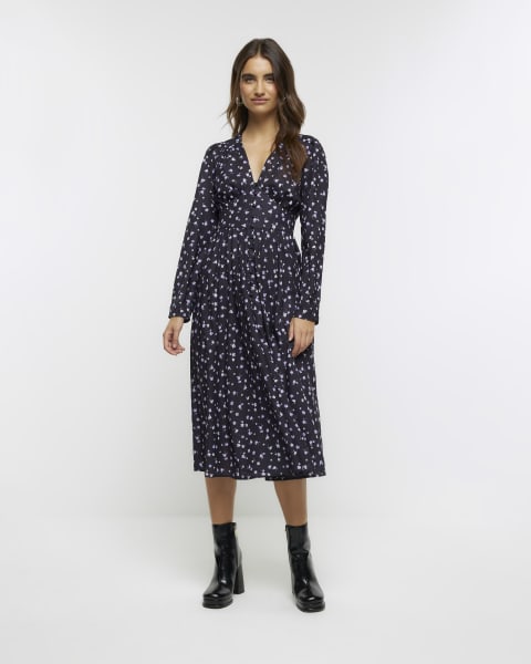 Black floral long sleeve swing midi dress