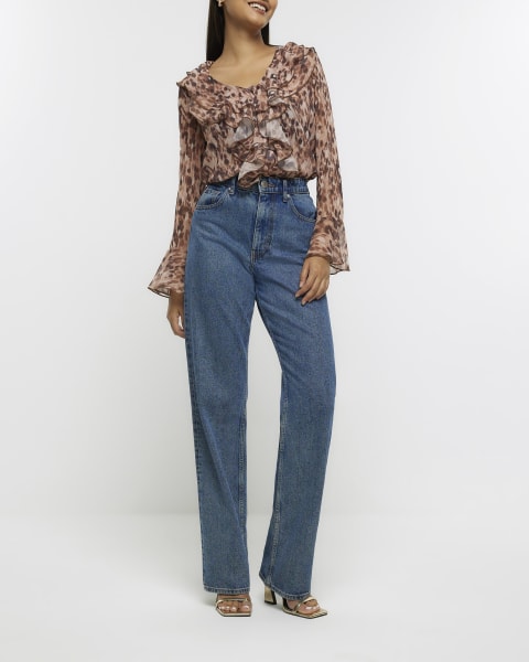 Brown animal print frill blouse