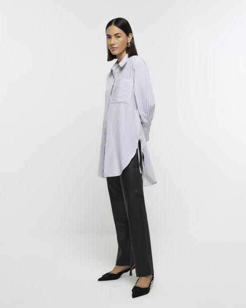 Grey stripe tie side oversized shirt