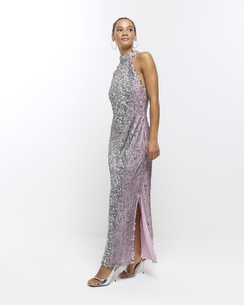 Pink sequin halter maxi dress