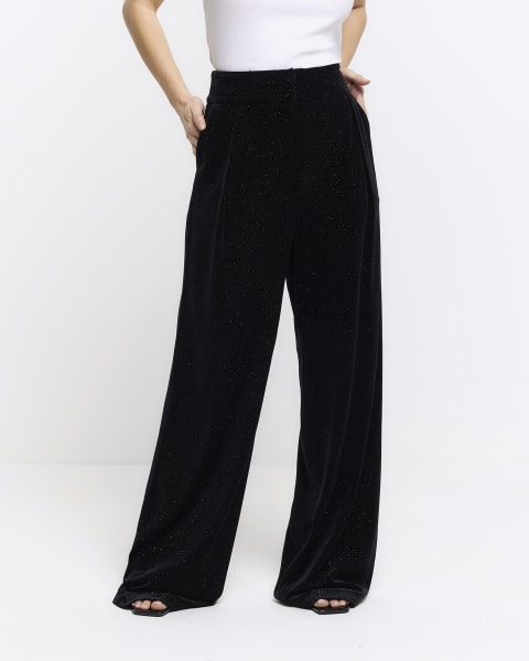 Petite black velvet sparkle slim trousers