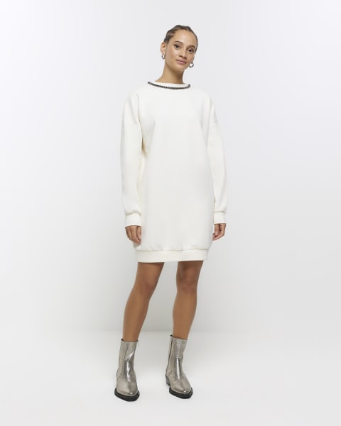 Cream diamante trim sweatshirt mini dress
