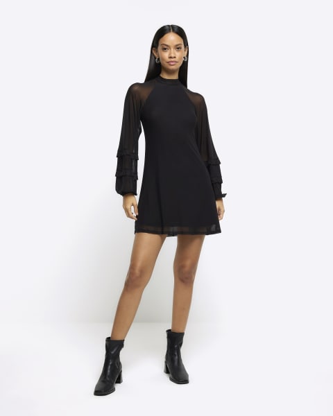 Black mesh sleeve shift mini dress