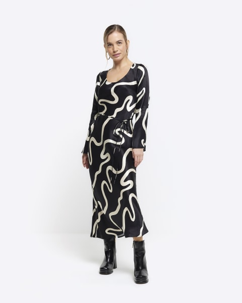 Petite black abstract belted slip midi dress